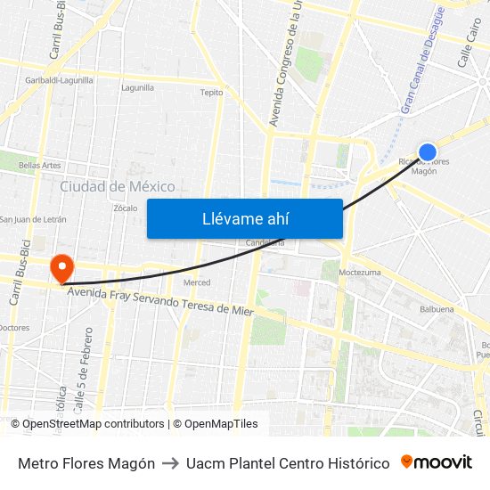 Metro Flores Magón to Uacm Plantel Centro Histórico map