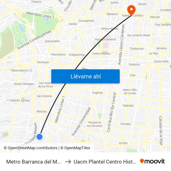 Metro Barranca del Muerto to Uacm Plantel Centro Histórico map