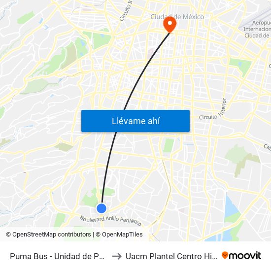 Puma Bus - Unidad de Posgrado to Uacm Plantel Centro Histórico map