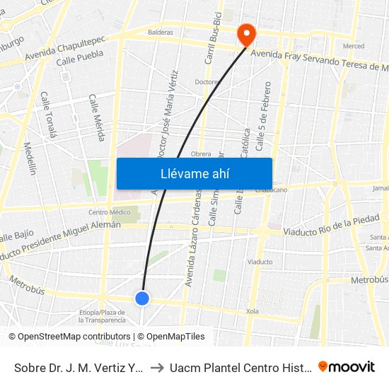 Sobre Dr. J. M. Vertiz Y Xola to Uacm Plantel Centro Histórico map
