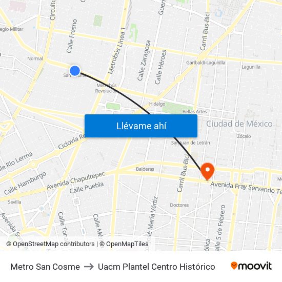 Metro San Cosme to Uacm Plantel Centro Histórico map