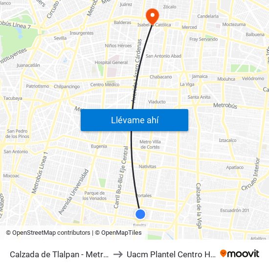 Calzada de Tlalpan - Metro Ermita to Uacm Plantel Centro Histórico map