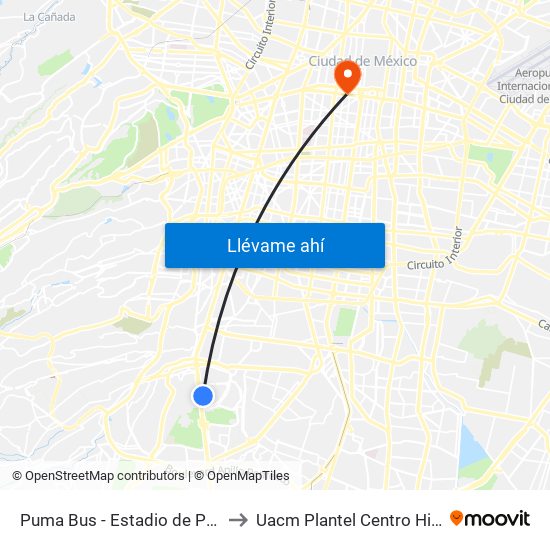 Puma Bus - Estadio de Prácticas to Uacm Plantel Centro Histórico map