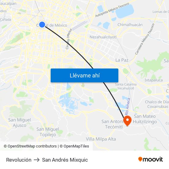 Revolución to San Andrés Mixquic map