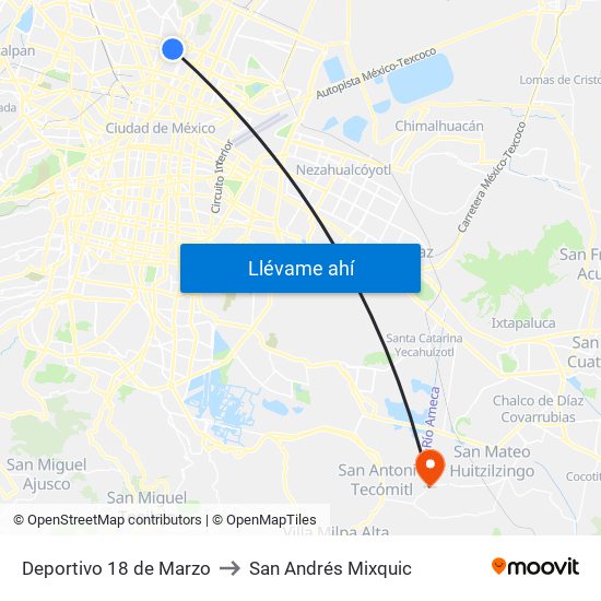 Deportivo 18 de Marzo to San Andrés Mixquic map