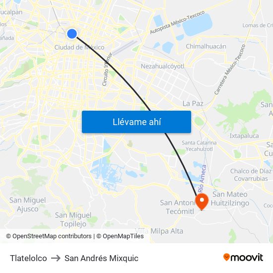 Tlatelolco to San Andrés Mixquic map