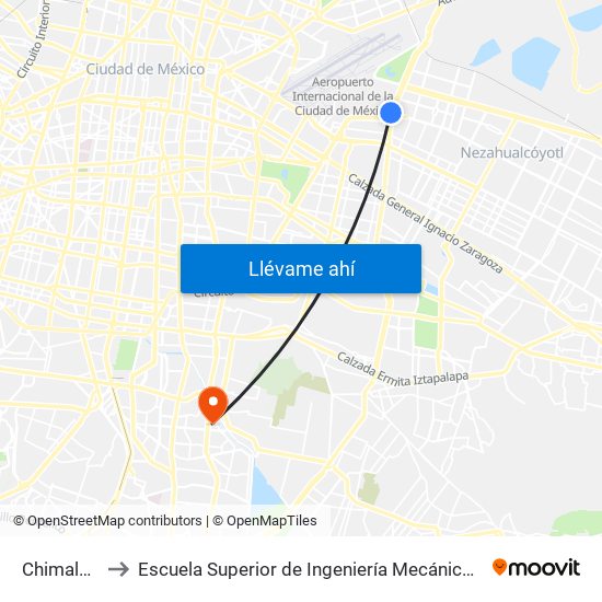 Chimalhuacan to Escuela Superior de Ingeniería Mecánica Y Eléctrica Culhuacán map