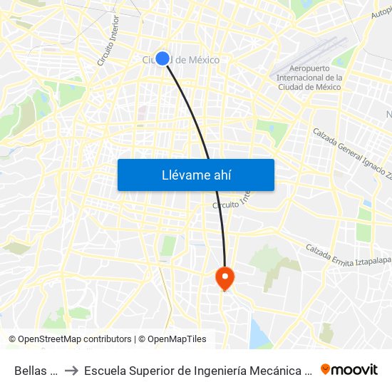 Bellas Artes to Escuela Superior de Ingeniería Mecánica Y Eléctrica Culhuacán map