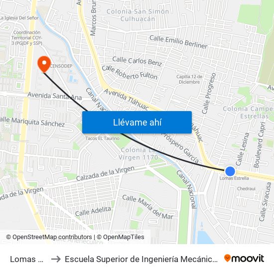 Lomas Estrella to Escuela Superior de Ingeniería Mecánica Y Eléctrica Culhuacán map