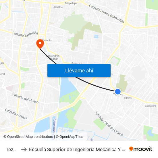 Tezonco to Escuela Superior de Ingeniería Mecánica Y Eléctrica Culhuacán map