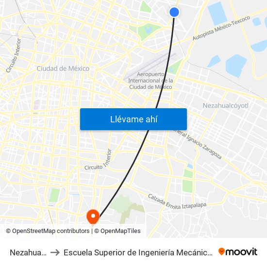 Nezahualcóyotl to Escuela Superior de Ingeniería Mecánica Y Eléctrica Culhuacán map