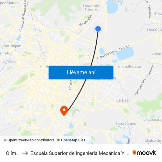 Olímpica to Escuela Superior de Ingeniería Mecánica Y Eléctrica Culhuacán map