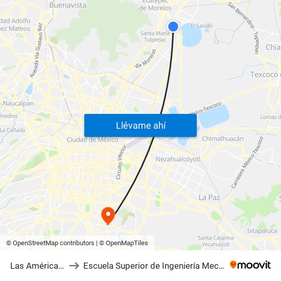 Las Américas (Mexibus) to Escuela Superior de Ingeniería Mecánica Y Eléctrica Culhuacán map