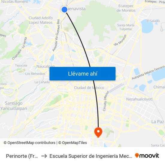 Perinorte (Frente A Ford) to Escuela Superior de Ingeniería Mecánica Y Eléctrica Culhuacán map