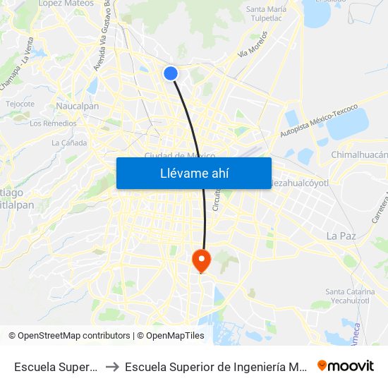 Escuela Superior de Turismo to Escuela Superior de Ingeniería Mecánica Y Eléctrica Culhuacán map