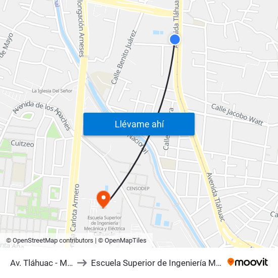 Av. Tláhuac - Metro Culhuacán to Escuela Superior de Ingeniería Mecánica Y Eléctrica Culhuacán map