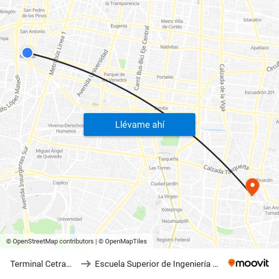 Terminal Cetram Metro Mixcoac to Escuela Superior de Ingeniería Mecánica Y Eléctrica Culhuacán map