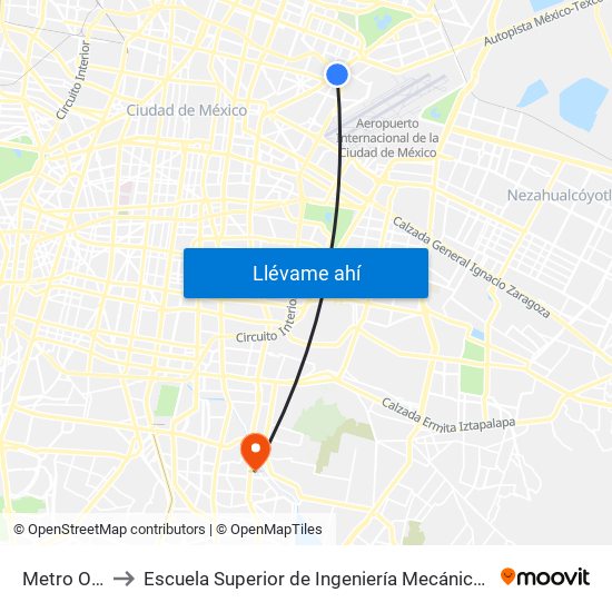 Metro Oceanía to Escuela Superior de Ingeniería Mecánica Y Eléctrica Culhuacán map