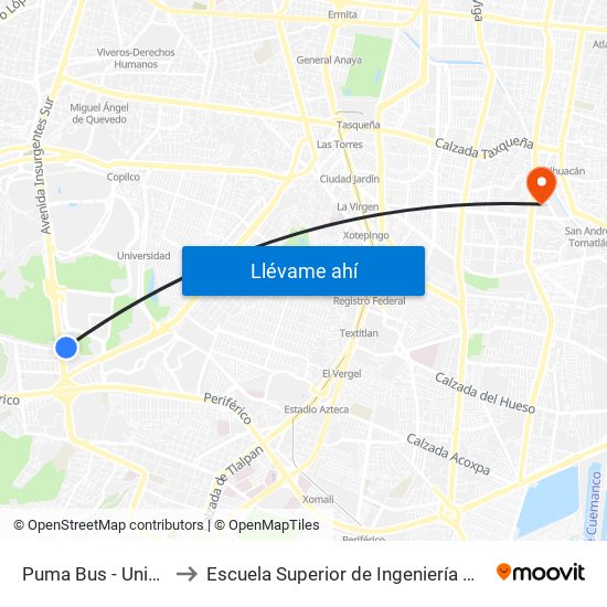 Puma Bus - Unidad de Posgrado to Escuela Superior de Ingeniería Mecánica Y Eléctrica Culhuacán map