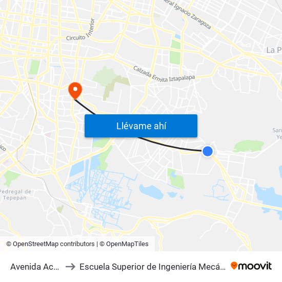 Avenida Acueducto, 9 to Escuela Superior de Ingeniería Mecánica Y Eléctrica Culhuacán map