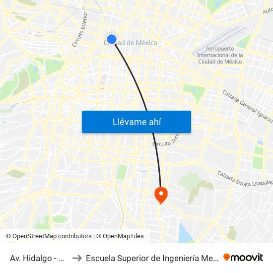 Av. Hidalgo - Metro Hidalgo to Escuela Superior de Ingeniería Mecánica Y Eléctrica Culhuacán map