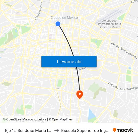 Eje 1a Sur José María Izazaga - Eje Central Lázaro Cardenas to Escuela Superior de Ingeniería Mecánica Y Eléctrica Culhuacán map