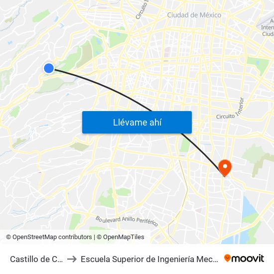 Castillo de Chapultepec to Escuela Superior de Ingeniería Mecánica Y Eléctrica Culhuacán map