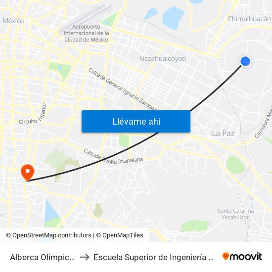 Alberca Olimpica Noe Hernandez to Escuela Superior de Ingeniería Mecánica Y Eléctrica Culhuacán map