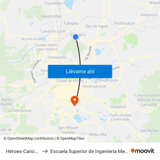 Héroes-Canosas (Mexibús) to Escuela Superior de Ingeniería Mecánica Y Eléctrica Culhuacán map