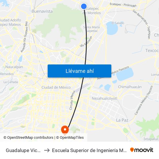 Guadalupe Victoria (Mexibús) to Escuela Superior de Ingeniería Mecánica Y Eléctrica Culhuacán map