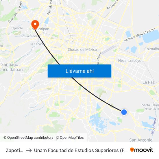 Zapotitlán to Unam Facultad de Estudios Superiores (Fes) Acatlán map