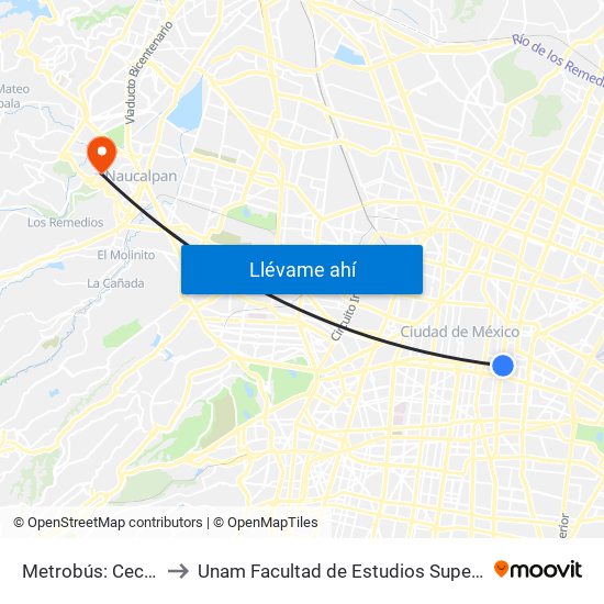 Metrobús: Cecilio Robelo to Unam Facultad de Estudios Superiores (Fes) Acatlán map