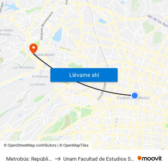 Metrobús: República de Argentina to Unam Facultad de Estudios Superiores (Fes) Acatlán map