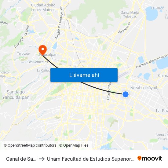 Canal de San Juan to Unam Facultad de Estudios Superiores (Fes) Acatlán map