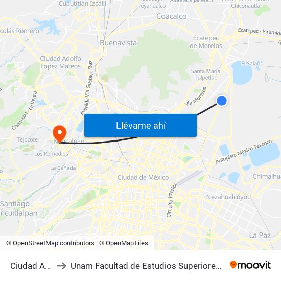 Ciudad Azteca to Unam Facultad de Estudios Superiores (Fes) Acatlán map