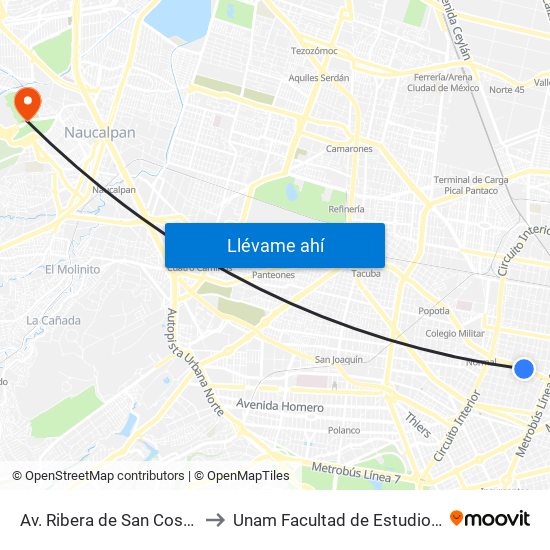 Av. Ribera de San Cosme - Metro San Cosmo to Unam Facultad de Estudios Superiores (Fes) Acatlán map