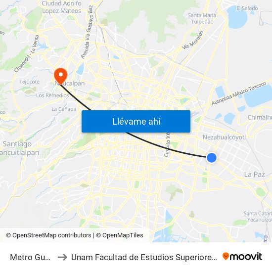 Metro Guelatao to Unam Facultad de Estudios Superiores (Fes) Acatlán map