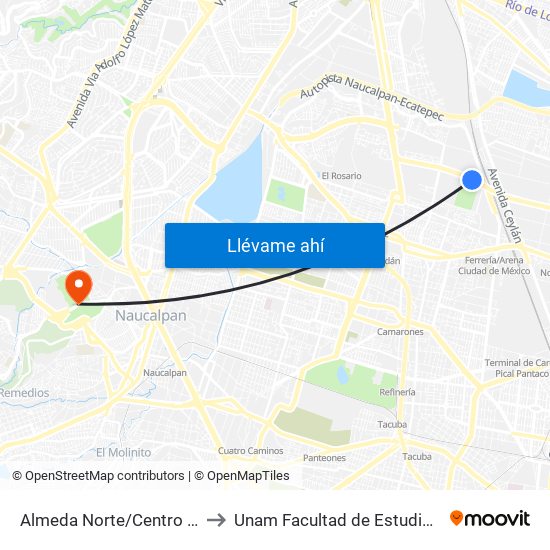 Almeda Norte/Centro Acuatico Azcapotzalco to Unam Facultad de Estudios Superiores (Fes) Acatlán map