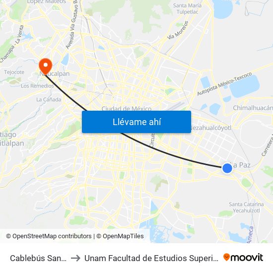 Cablebús Santa Marta to Unam Facultad de Estudios Superiores (Fes) Acatlán map