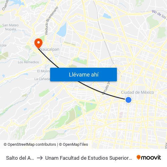 Salto del Agua_1 to Unam Facultad de Estudios Superiores (Fes) Acatlán map