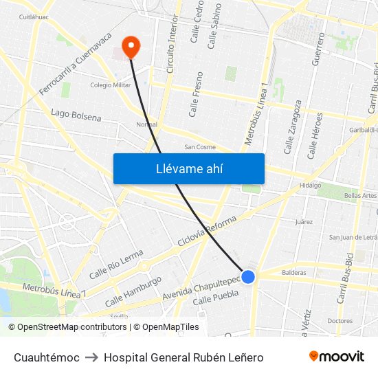 Cuauhtémoc to Hospital General Rubén Leñero map