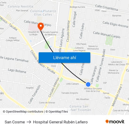 San Cosme to Hospital General Rubén Leñero map