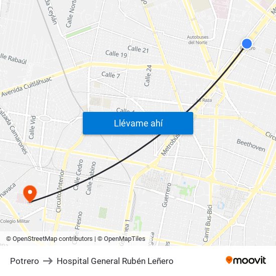 Potrero to Hospital General Rubén Leñero map