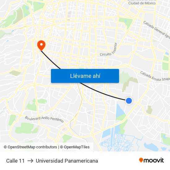 Calle 11 to Universidad Panamericana map