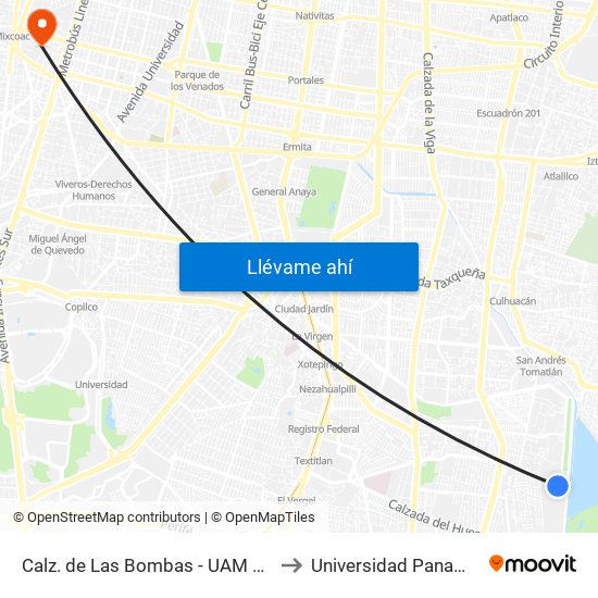 Calz. de Las Bombas - UAM Xochimilco to Universidad Panamericana map