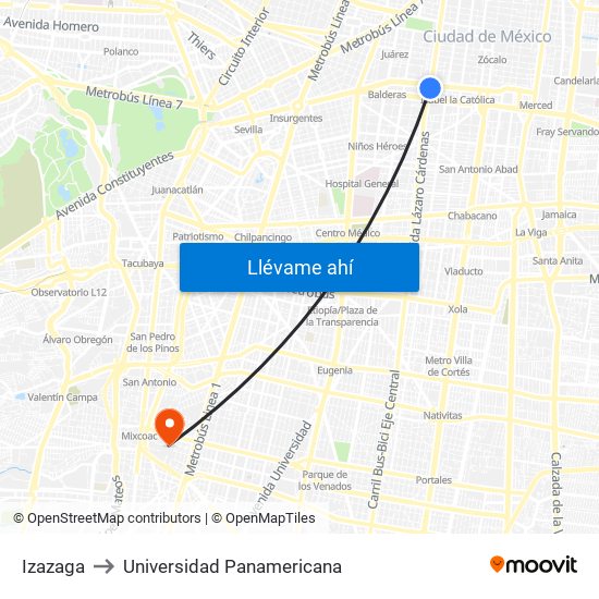 Izazaga to Universidad Panamericana map