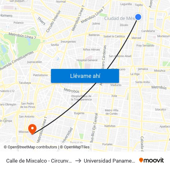 Calle de Mixcalco - Circunvalación to Universidad Panamericana map