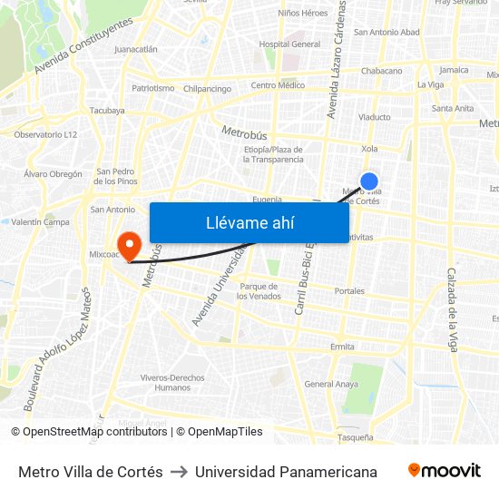 Metro Villa de Cortés to Universidad Panamericana map