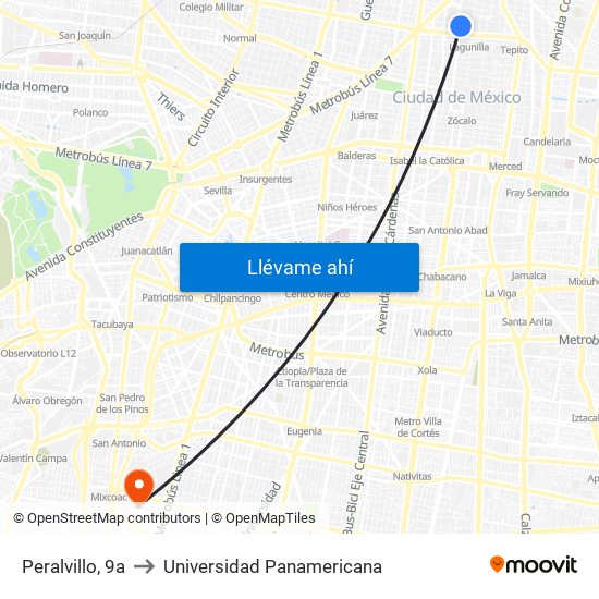 Peralvillo, 9a to Universidad Panamericana map