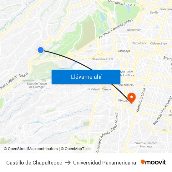Castillo de Chapultepec to Universidad Panamericana map